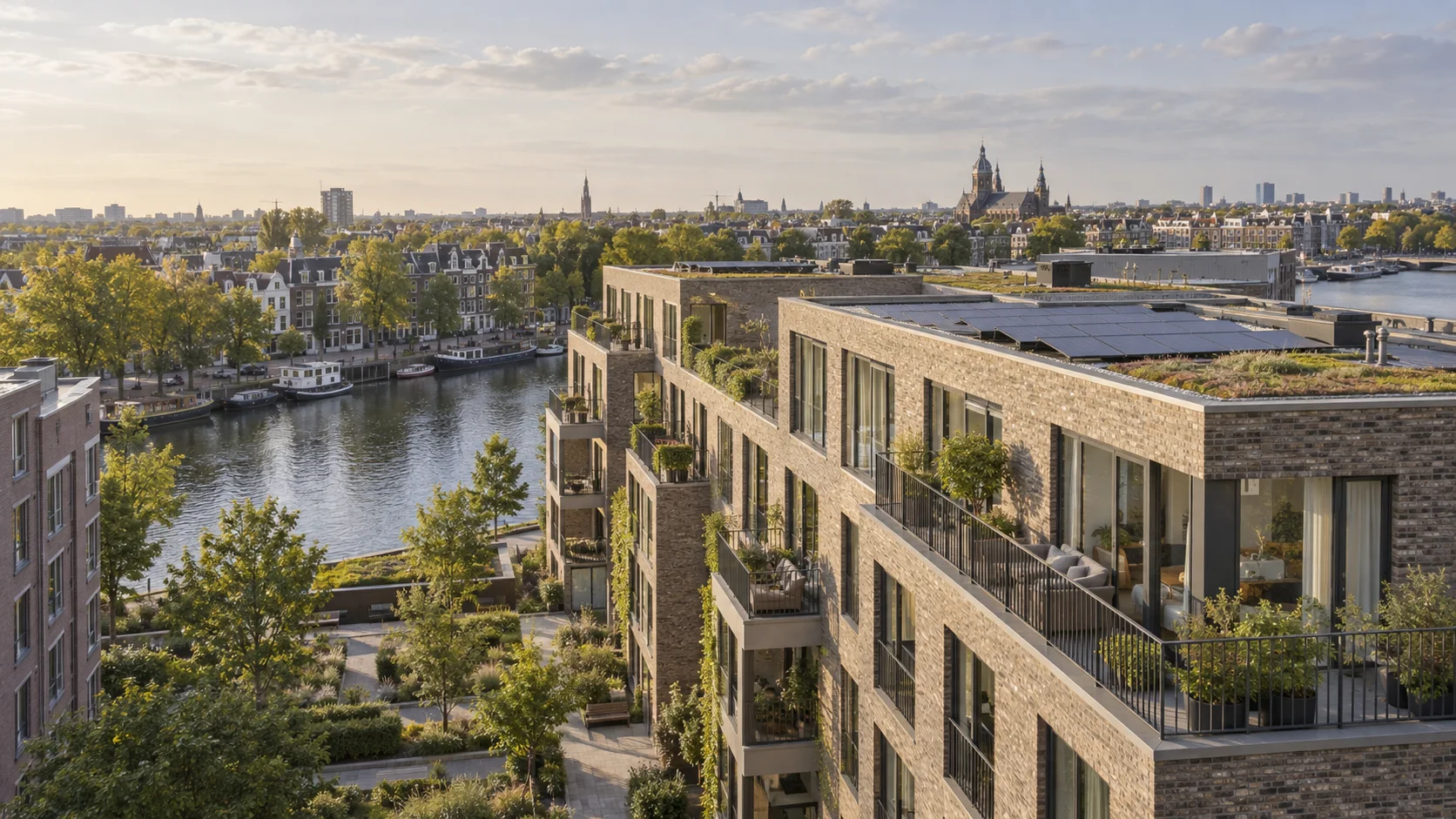 Appartementengebouw met plat dak, zonnepanelen en groene buitenruimte in een Nederlandse stad